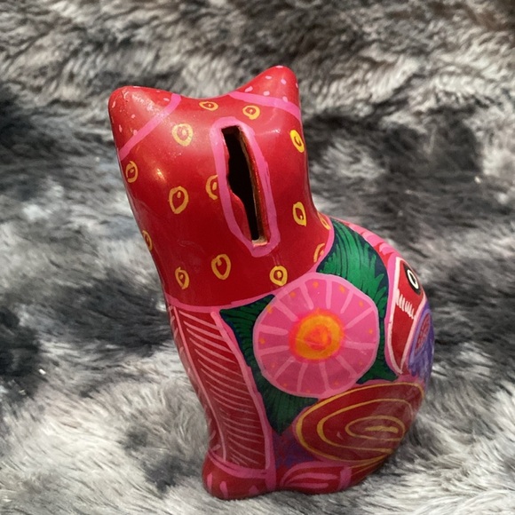 Folk Art Yellow Hand Painted Clay 
Cat Piggy Bank Floral Coin Bank - Picture 11 of 15